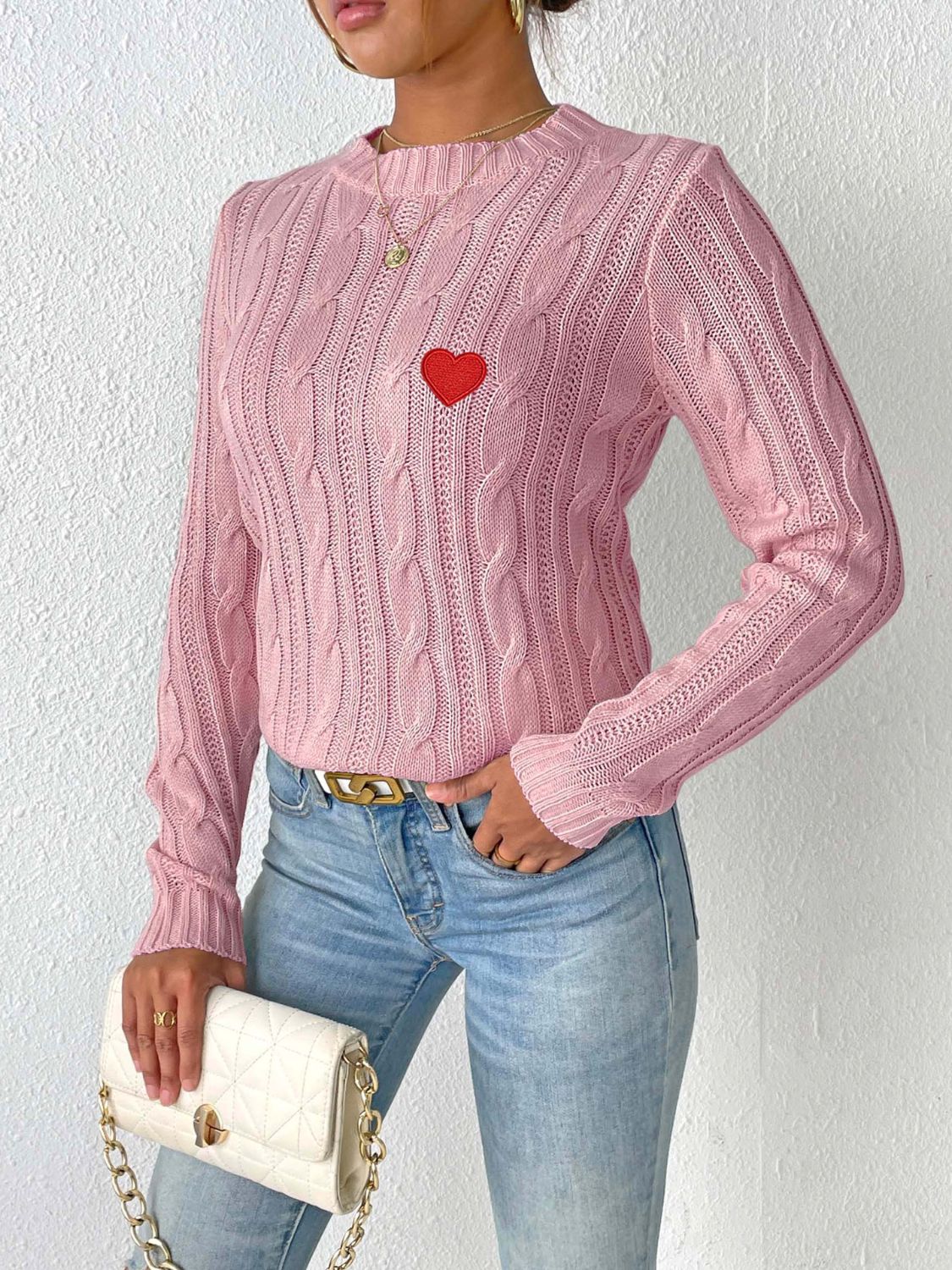 Cable-Knit Heart Round Neck Long Sleeve Sweater-Angel Casuals