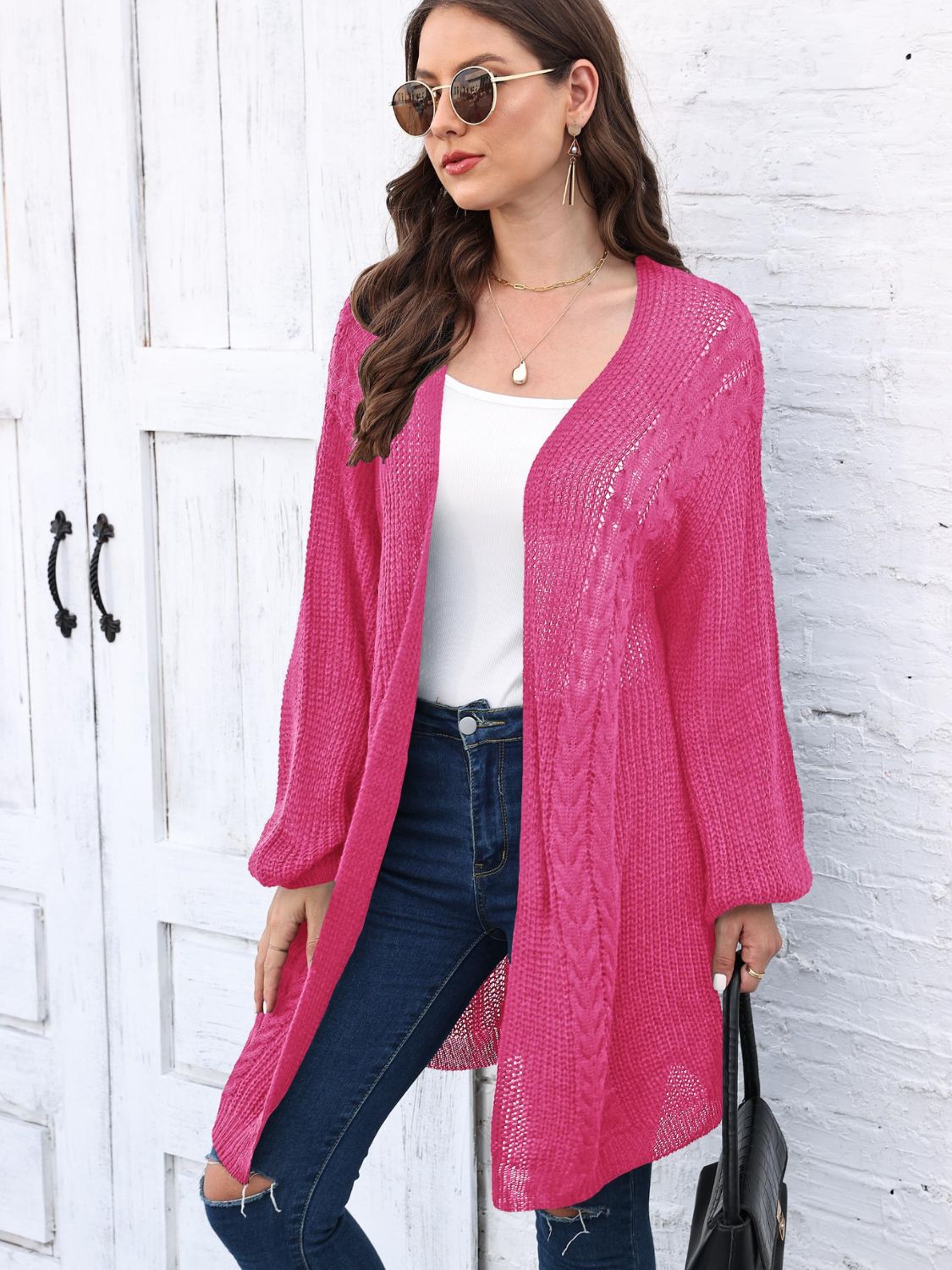 Cable-Knit Open Front Long Sleeve Cardigan-Angel Casuals