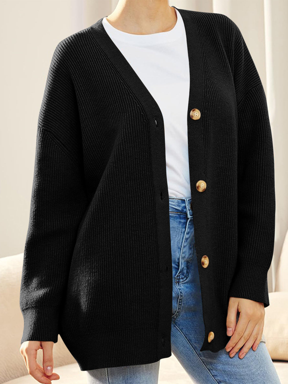 Button Down V-Neck Long Sleeve Cardigan-Angel Casuals