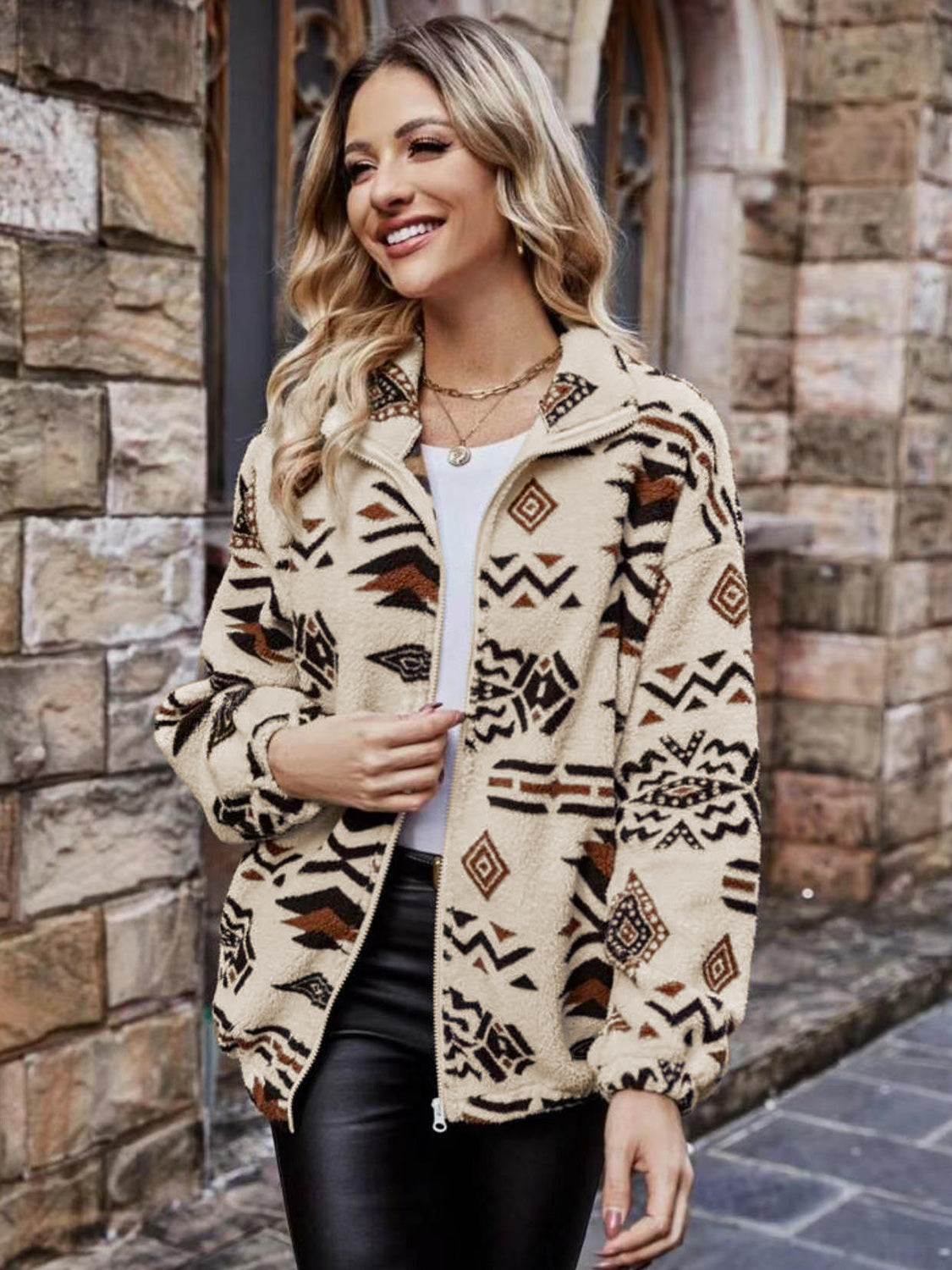 Geometric Zip Up Long Sleeve Outerwear-Angel Casuals