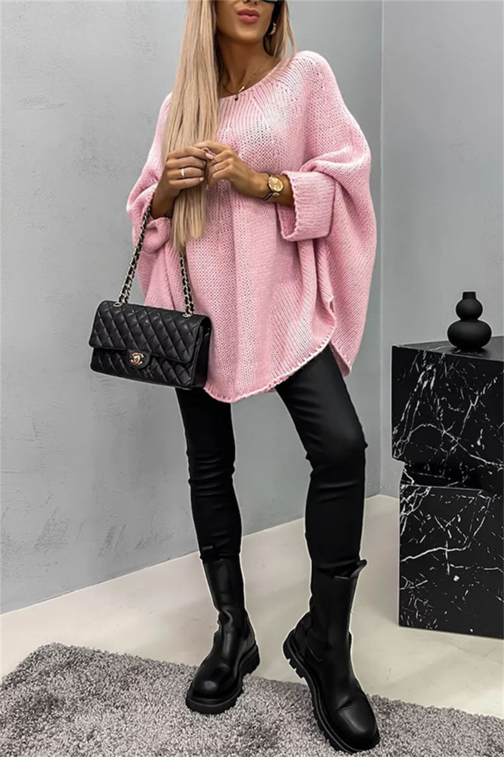 Round Neck Batwing Sleeve Sweater-Angel Casuals