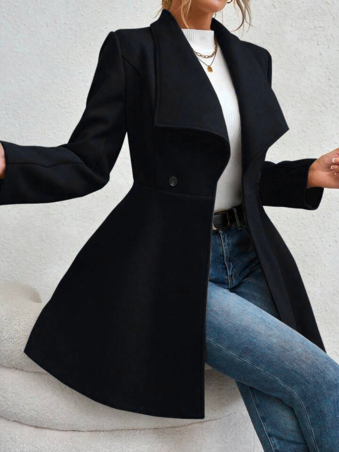 Collared Neck Button Up Long Sleeve Coat-Angel Casuals