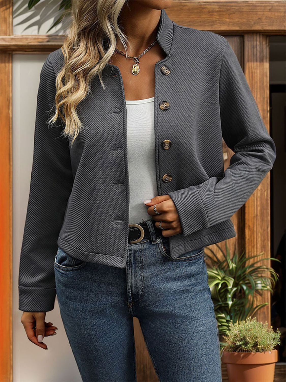 Perfee Textured Button Up Long Sleeve Jacket-Angel Casuals