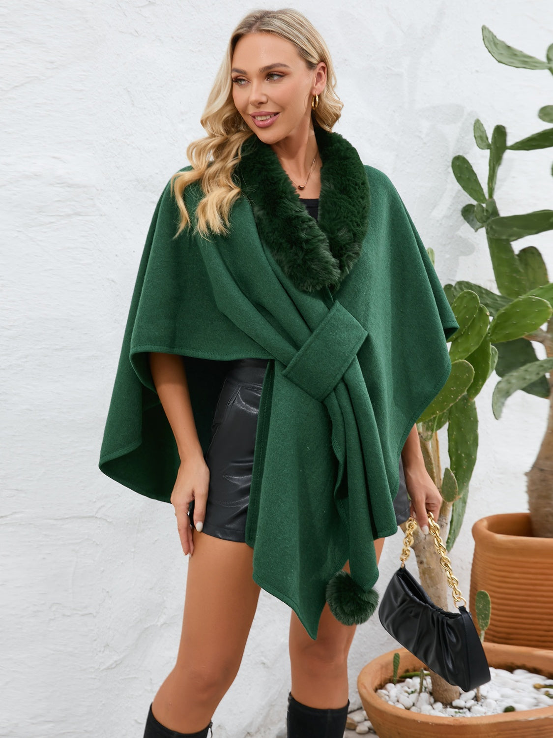 Fuzzy Trim Open Front Poncho-Angel Casuals