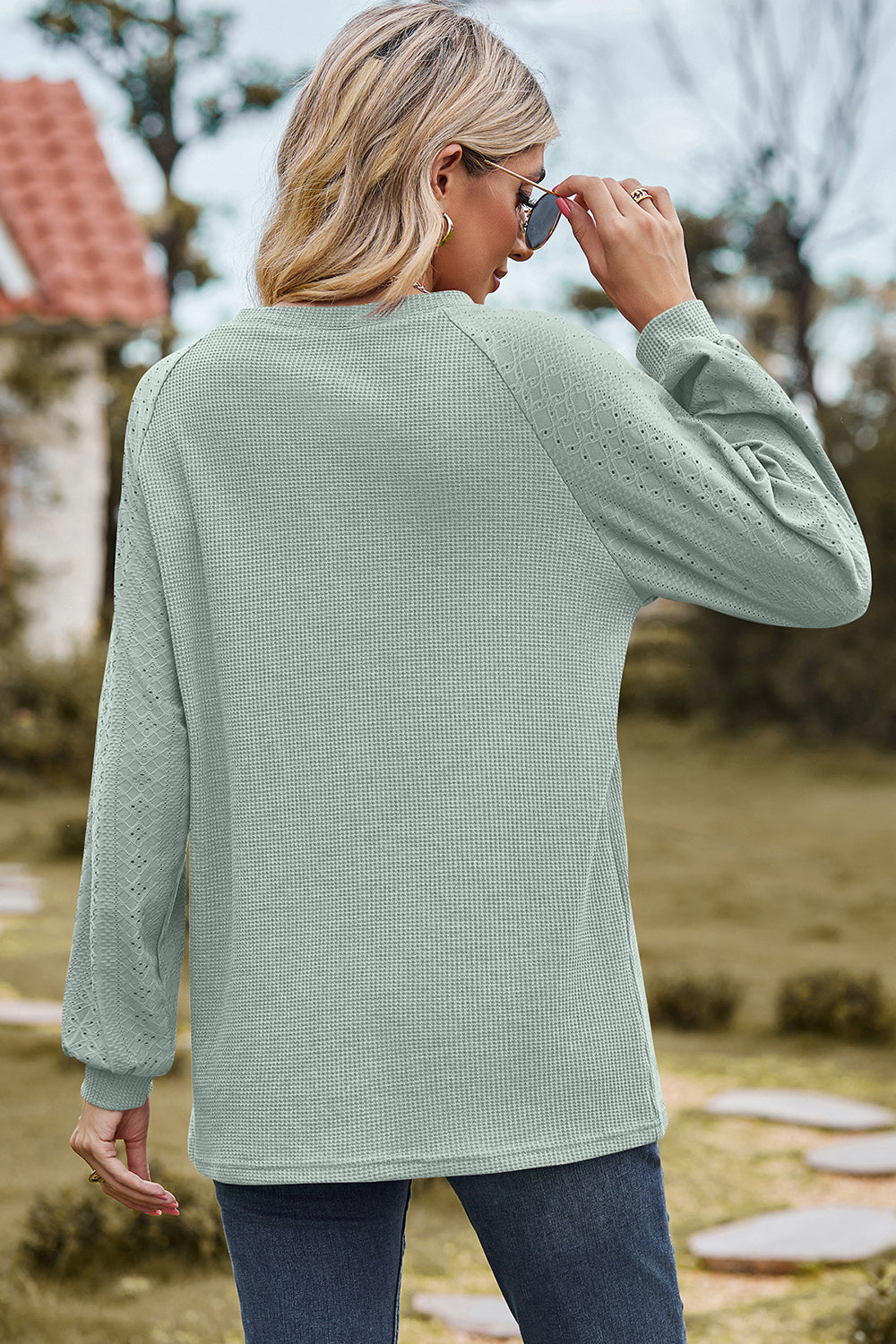 Eyelet Round Neck Long Sleeve T-Shirt-Angel Casuals