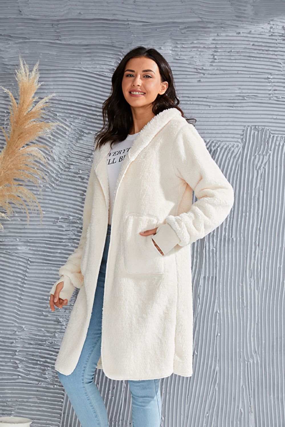 Double Take Full Size Hooded Teddy Bear Jacket with Thumbholes-Angel Casuals