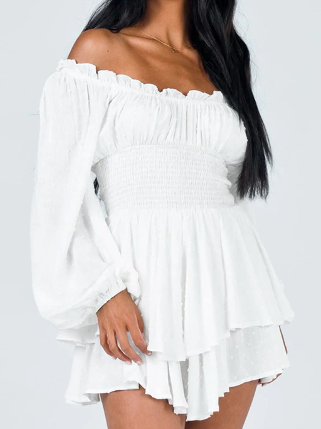 Off Shoulder Smocked Waist Romper-Angel Casuals