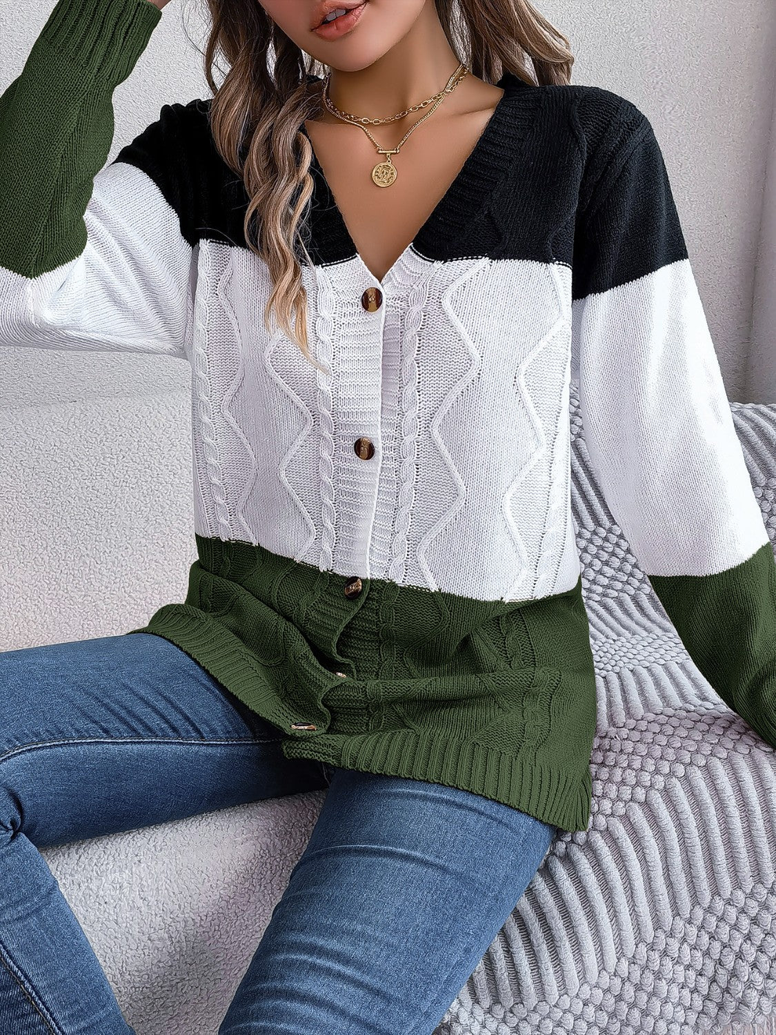 Cable-Knit Striped Button Up Cardigan-Angel Casuals