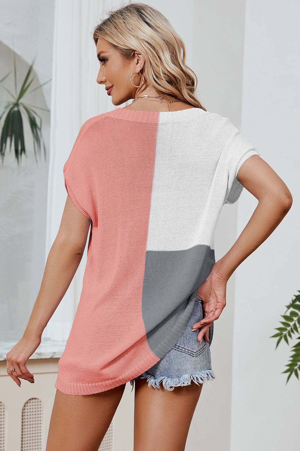 Color Block V-Neck Short Sleeve Knit Top-Angel Casuals