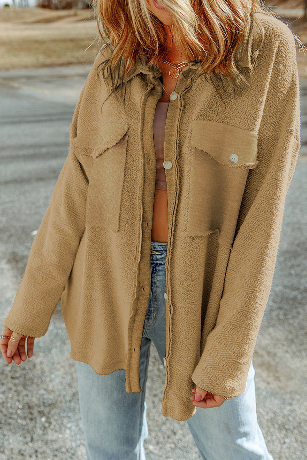 Pocketed Button Up Droppped Shoulder Jacket-Angel Casuals
