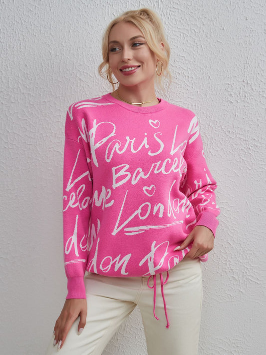Drawstring Hem Letter Pattern Round Neck Dropped Shoulder Sweater-Angel Casuals