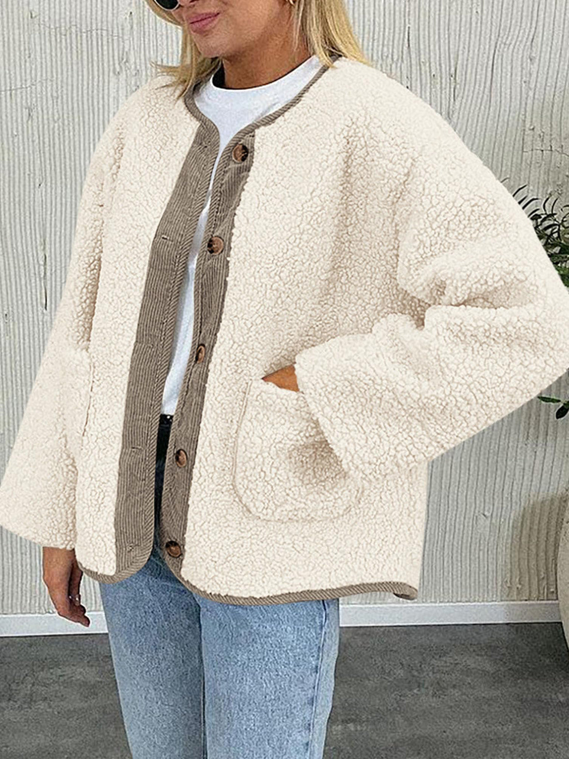 Contrast Button Up Sherpa Jacket with Pockets-Angel Casuals