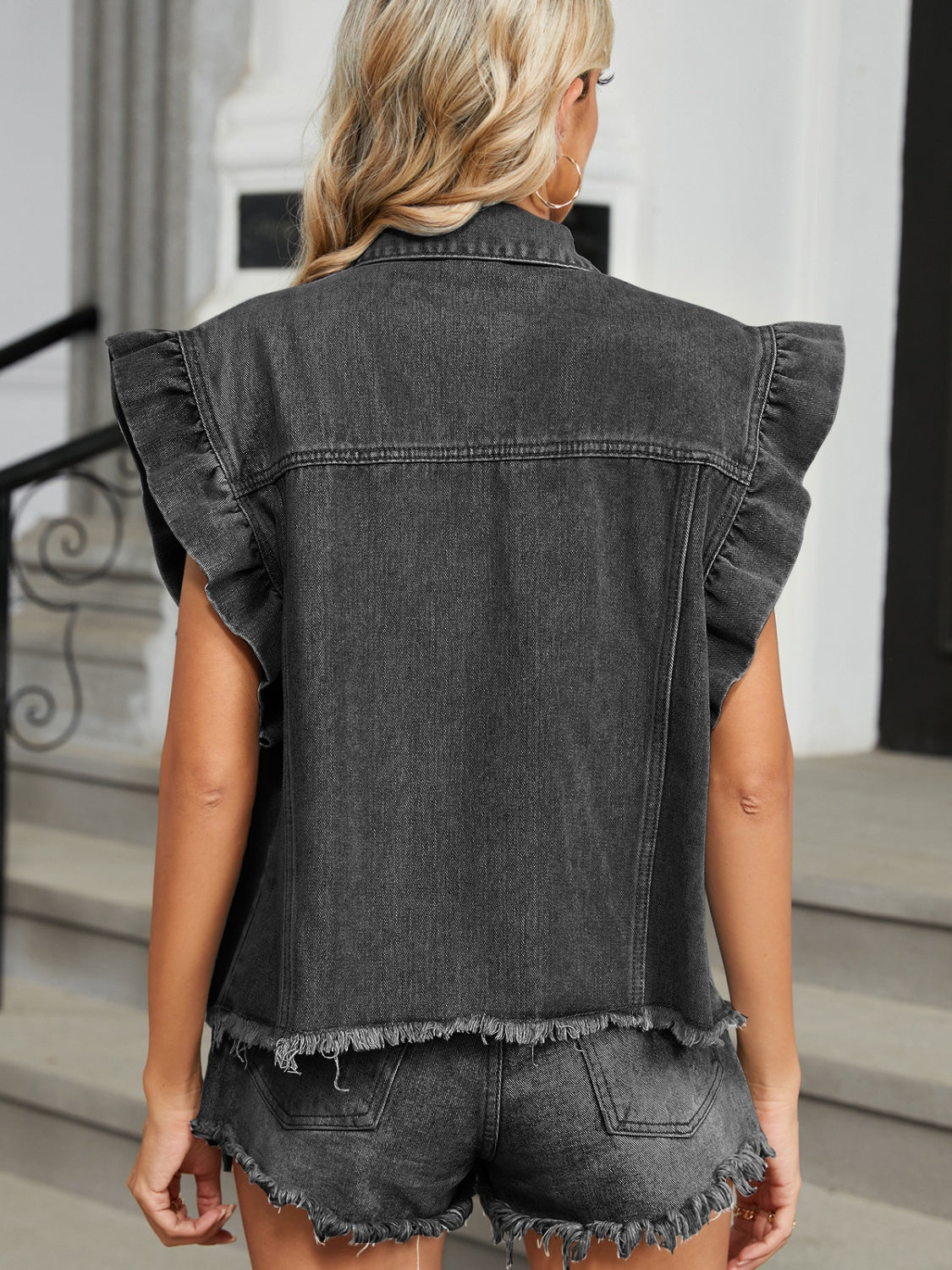 Raw Hem Cap Sleeve Denim Jacket-Angel Casuals