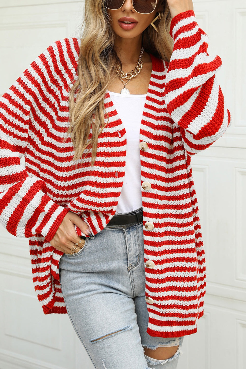 Angel Wings Striped Button Up Long Sleeve Cardigan-Angel Casuals