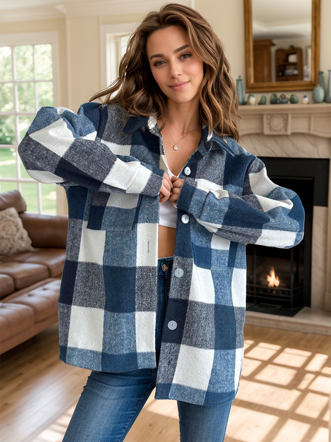 Plaid Button Up Long Sleeve Shacket-Angel Casuals