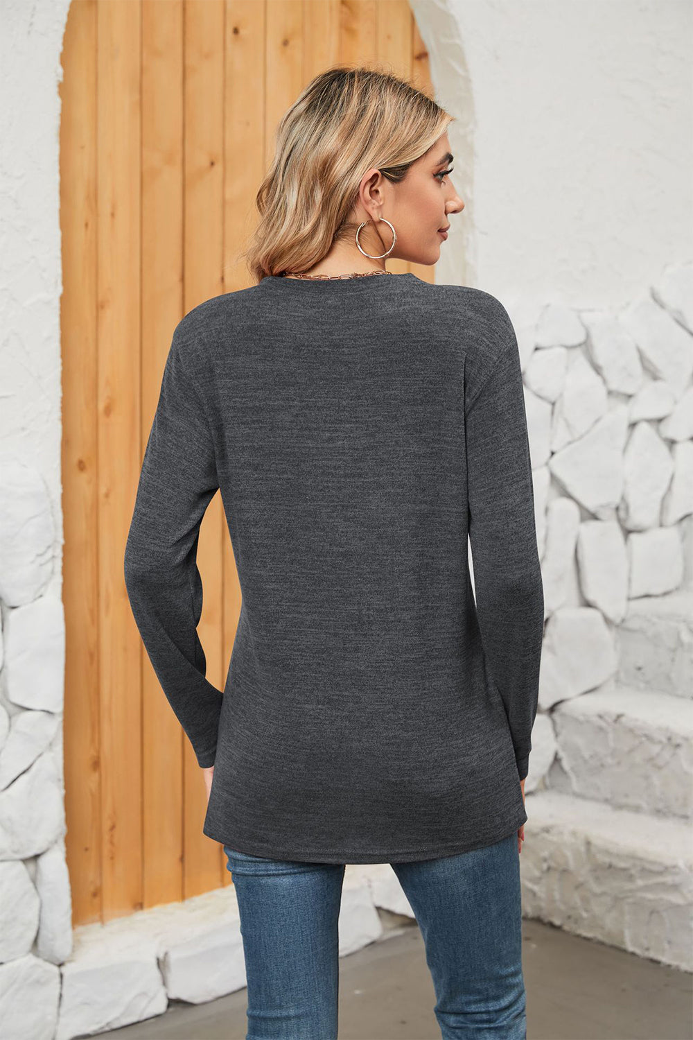 Notched Neck Long Sleeve T-Shirt-Angel Casuals