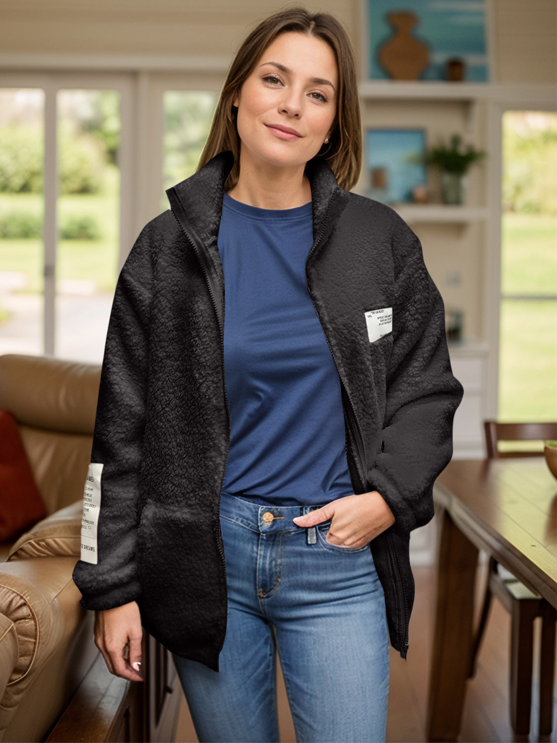 Full Size Turtleneck Zip Up Long Sleeve Sherpa Jacket-Angel Casuals