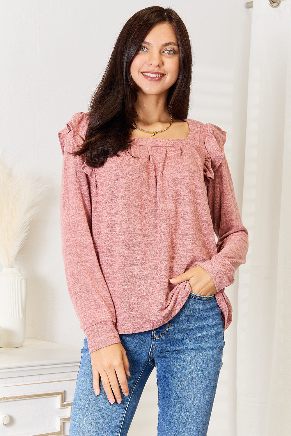 Double Take Square Neck Ruffle Shoulder Long Sleeve T-Shirt-Angel Casuals