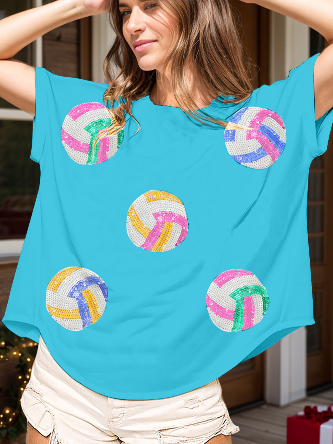 Sequin Round Neck Short Sleeve T-Shirt-Angel Casuals