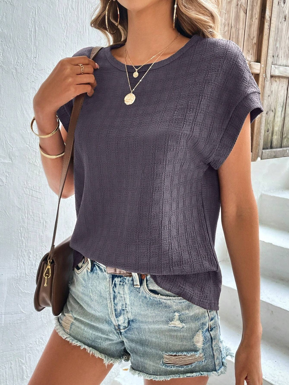 Textured Round Neck Short Sleeve Top-Angel Casuals