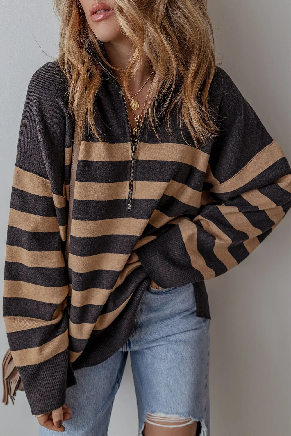 Striped Half Zip Long Sleeve Knit Top-Angel Casuals