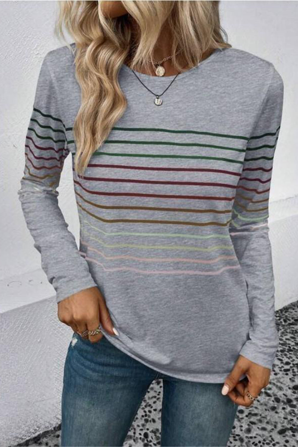 Striped Round Neck Long Sleeve T-Shirt-Angel Casuals
