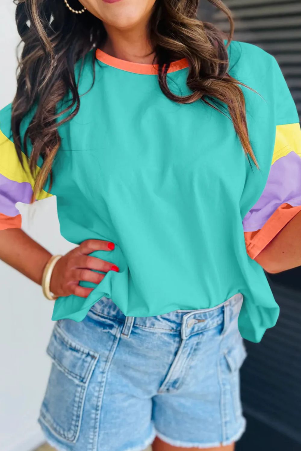 Color Block Round Neck Half Sleeve T-Shirt-Angel Casuals