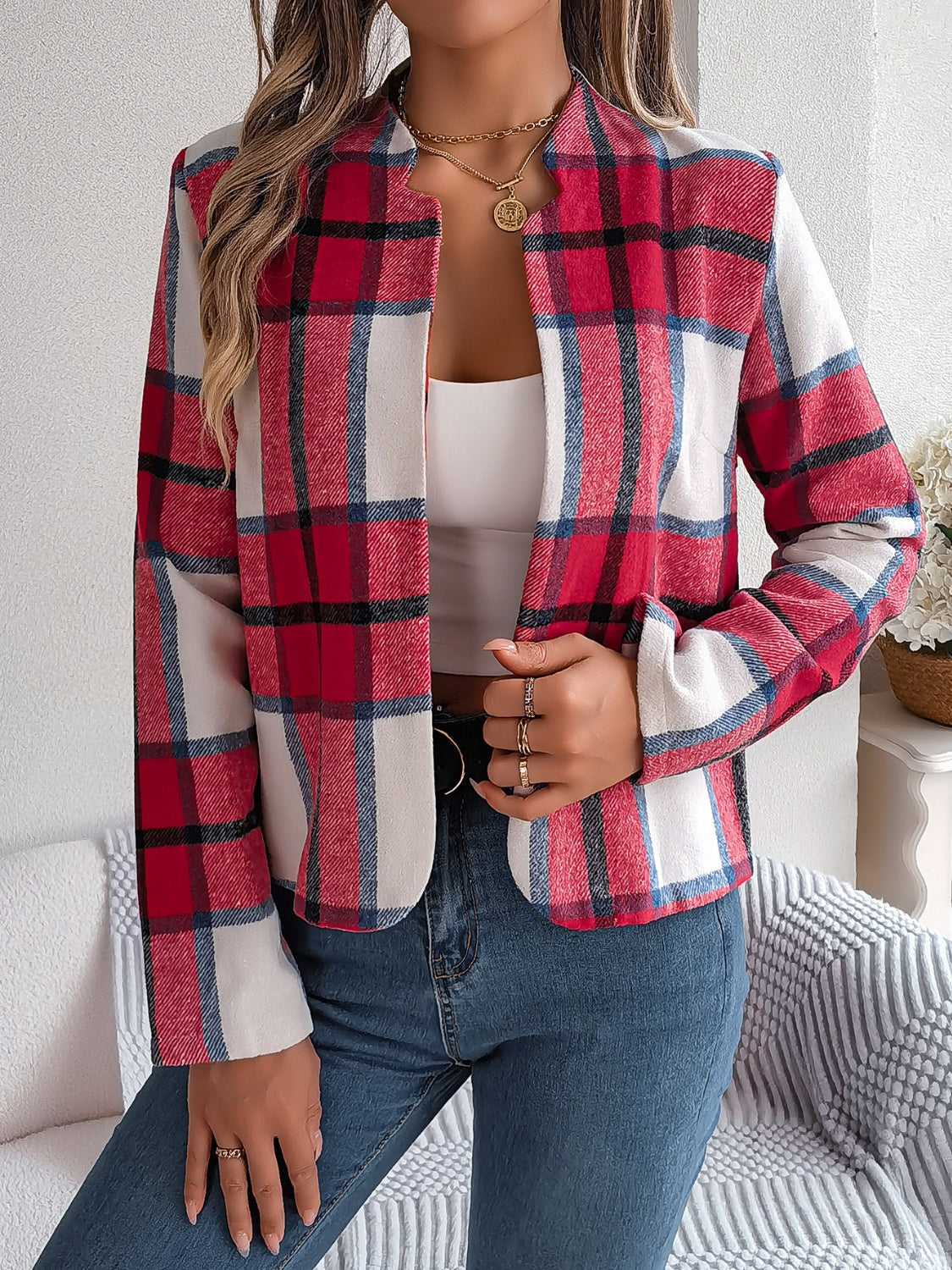 Plaid Open Front Long Sleeve Jacket-Angel Casuals