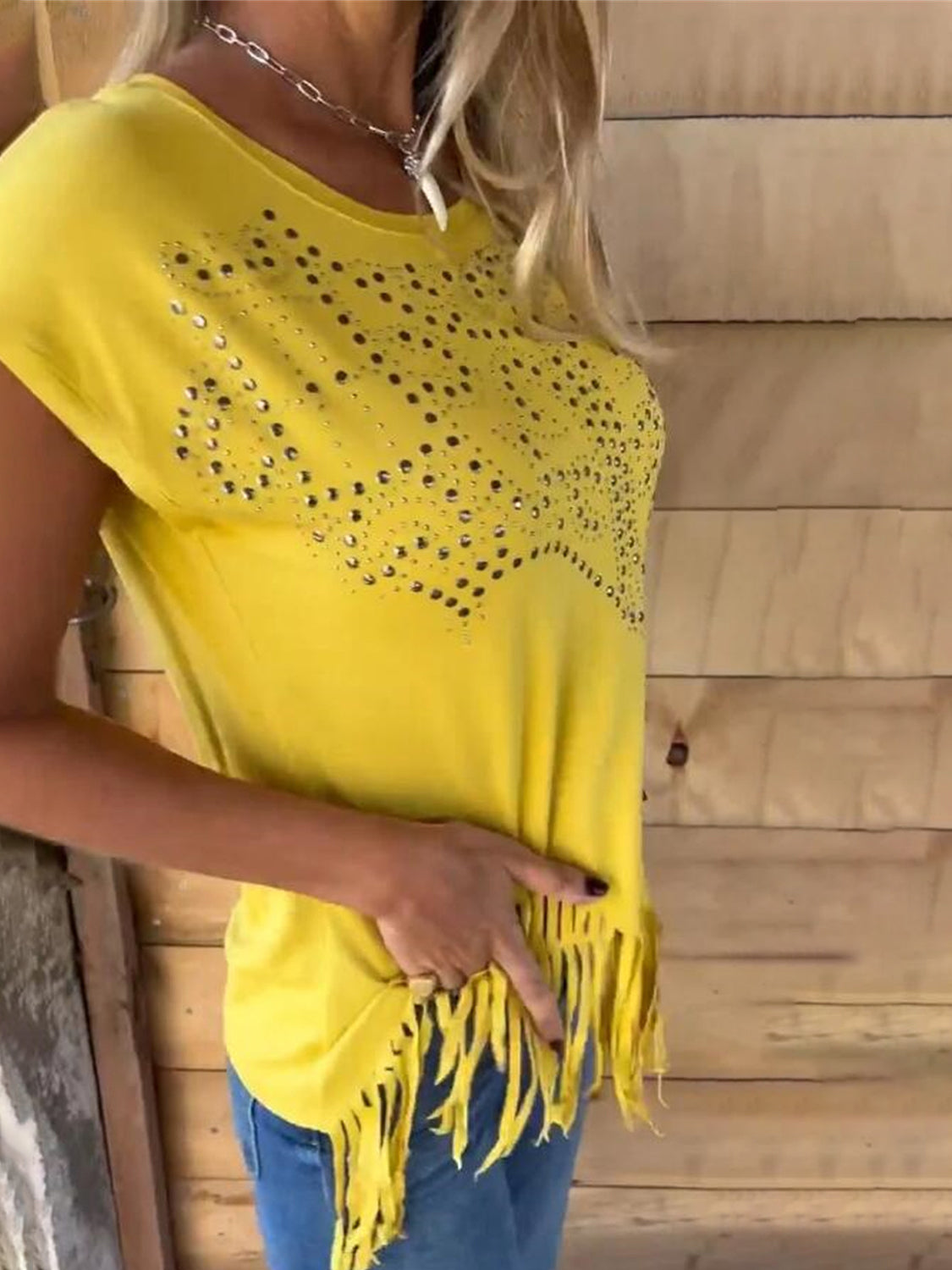 Studded Fringe Round Neck Cap Sleeve T-Shirt-Angel Casuals