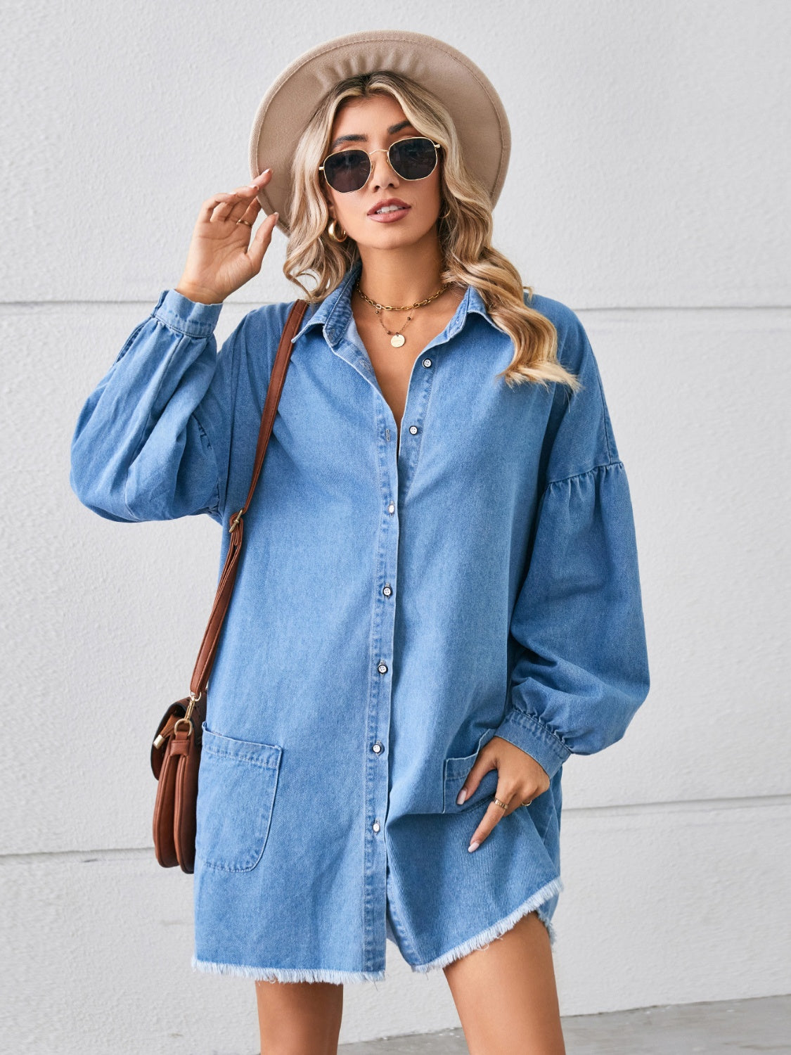 Button Up Pocketed Raw Hem Denim Dress-Angel Casuals