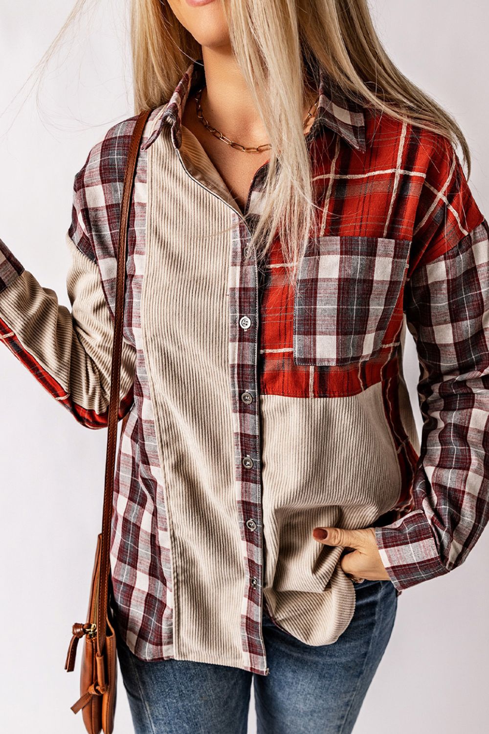 Plaid Patchwork Collared Neck Shacket-Angel Casuals