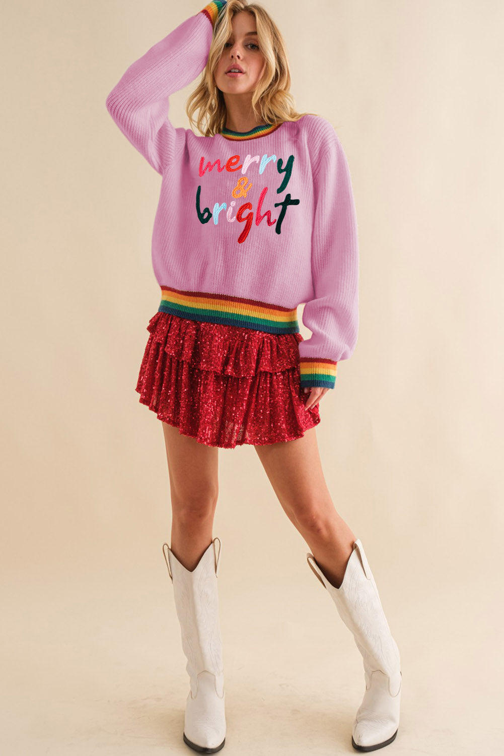 MERRY & BRIGHT Ribbed Round Neck Sweater-Angel Casuals