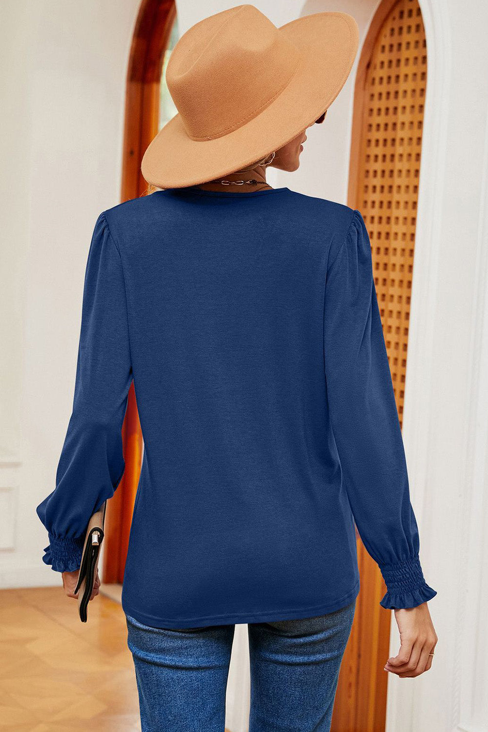 Lace Detail V-Neck Lantern Sleeve T-Shirt-Angel Casuals