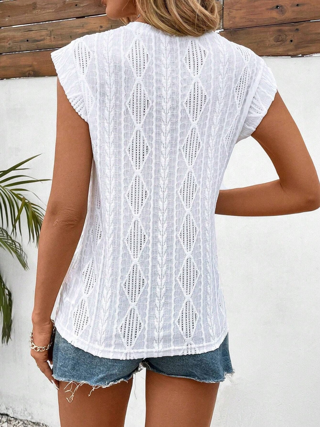 Openwork Round Neck Cap Sleeve Top-Angel Casuals