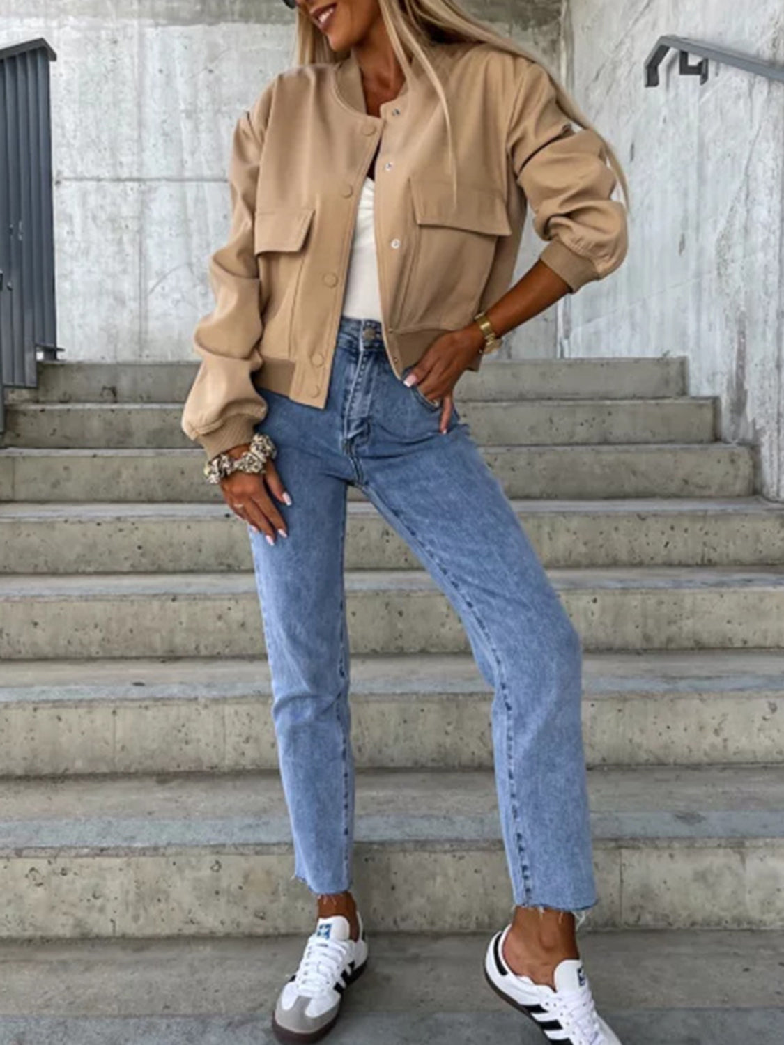 Baseball Collar Dropped Shoulder Jacket-Angel Casuals