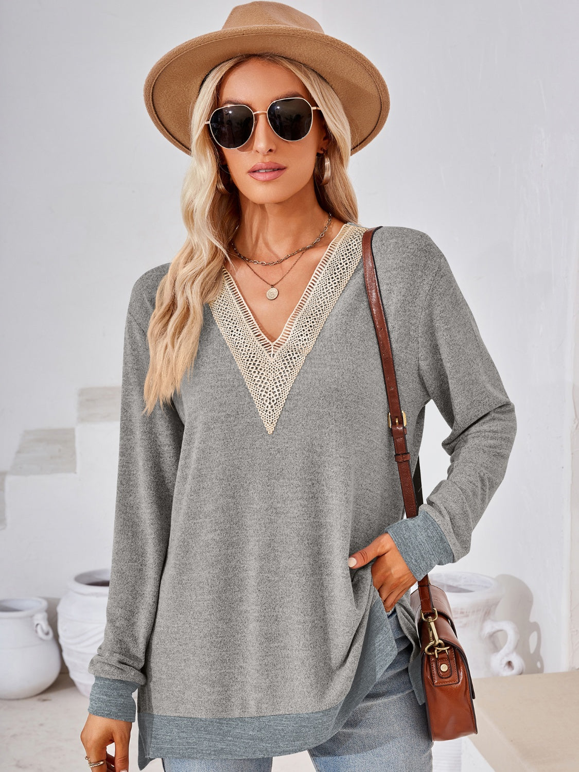 Crochet Contrast V-Neck Long Sleeve Slit T-Shirt-Angel Casuals