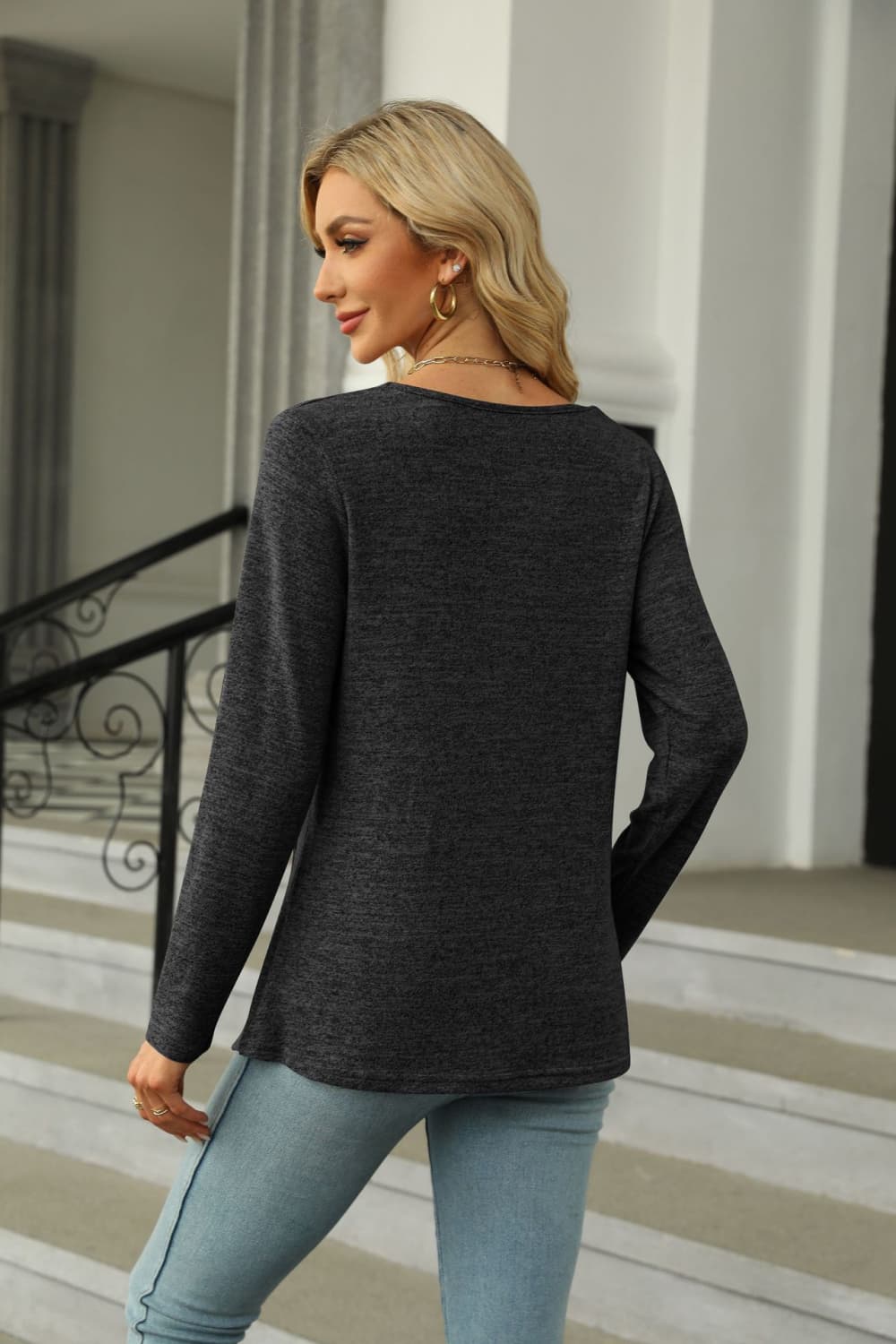 Square Neck Long Sleeve Slit T-Shirt-Angel Casuals
