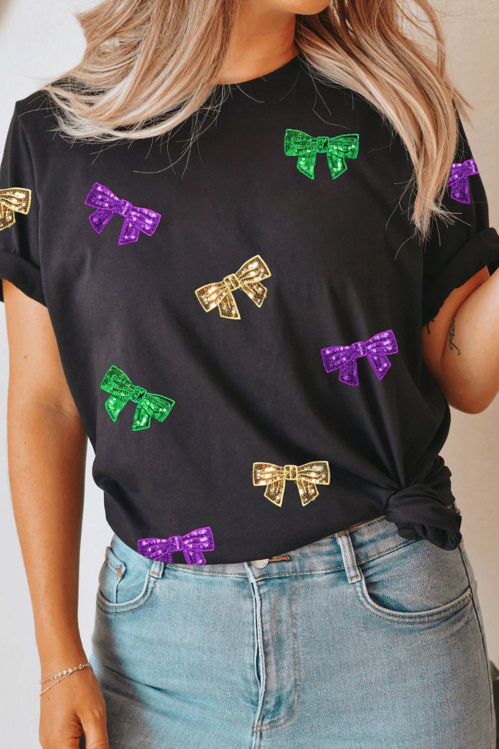 Bow Print Sequin Round Neck Short Sleeve T-Shirt-Angel Casuals
