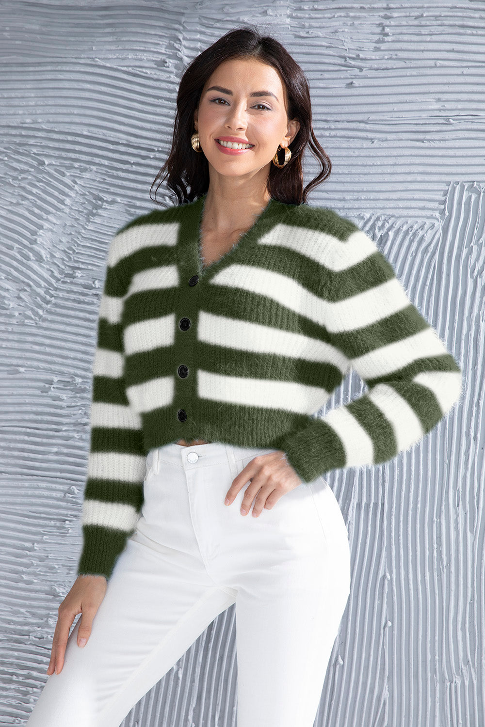 Striped Button Up Cropped Cardigan-Angel Casuals