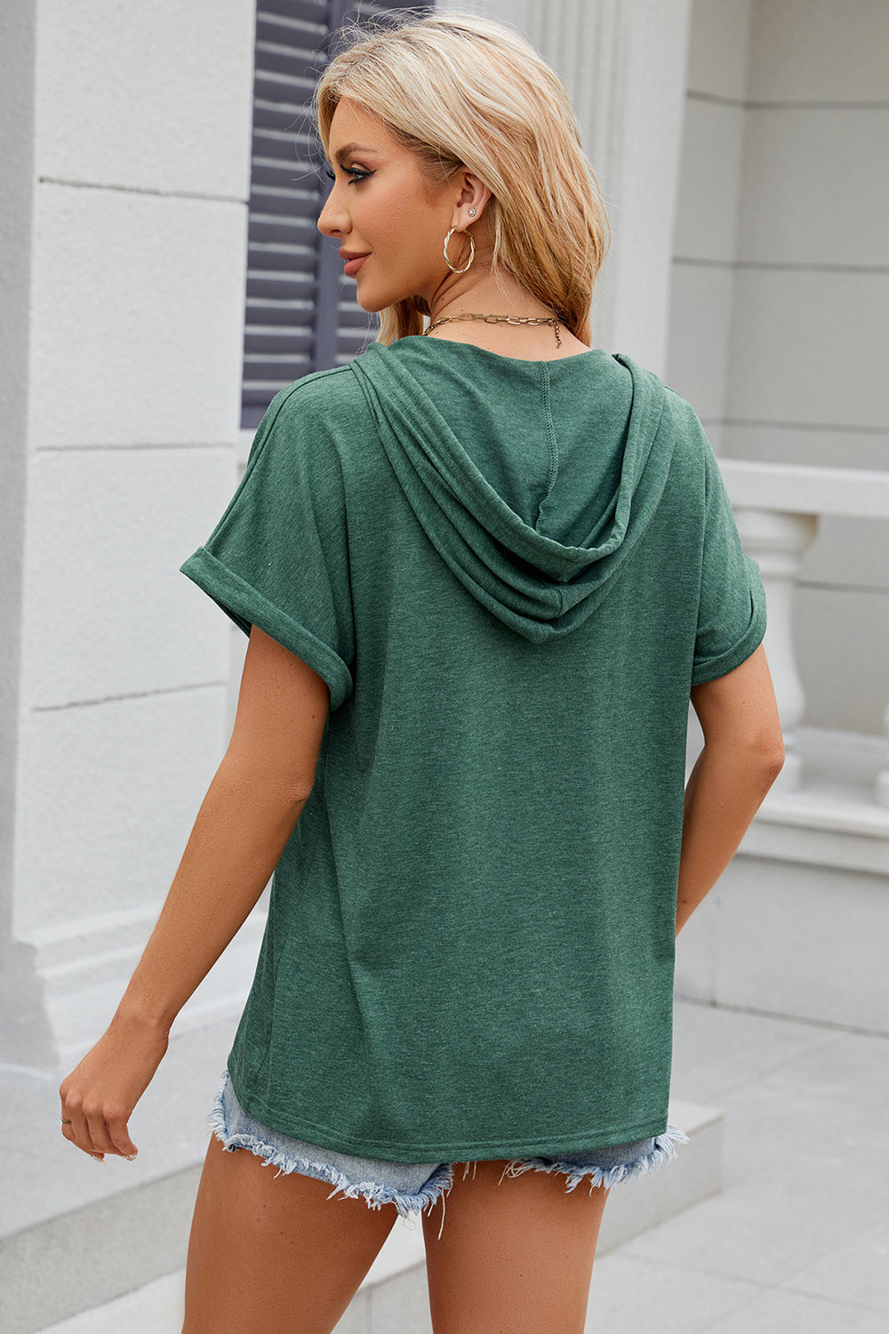 Half Button Drawstring Short Sleeve Hooded T-Shirt-Angel Casuals