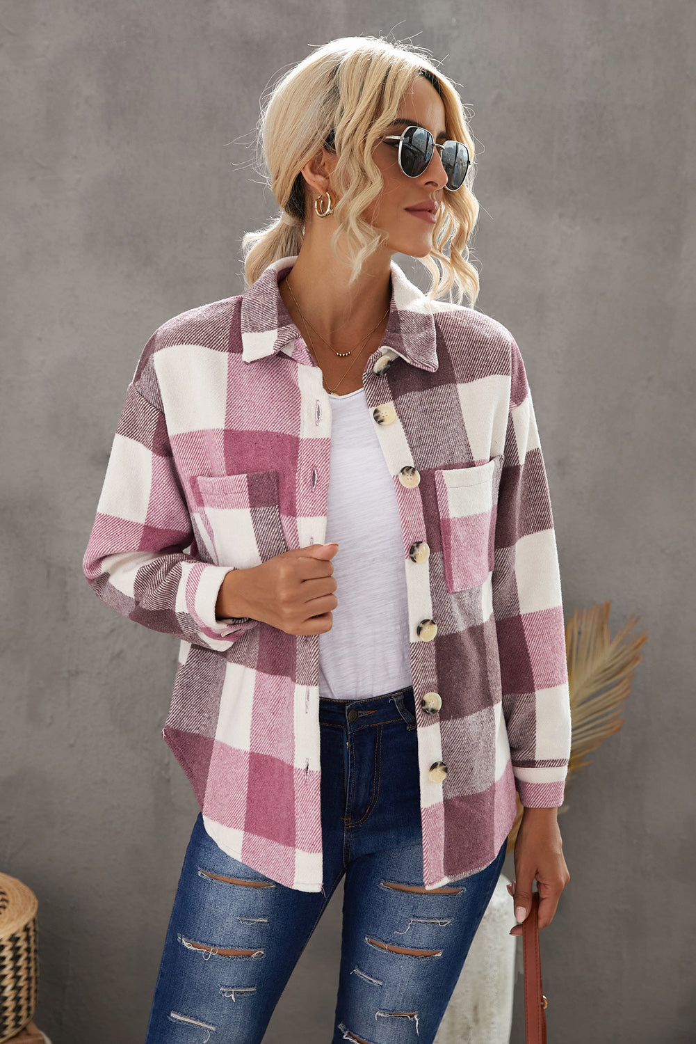 Plaid Button Up Dropped Shoulder Jacket-Angel Casuals