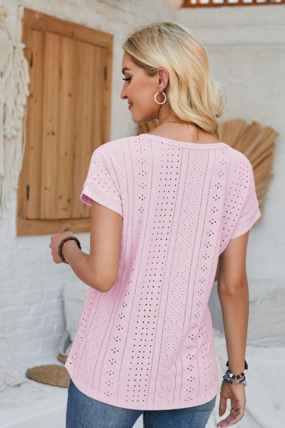 Eyelet Round Neck Rolled Short Sleeve T-Shirt-Angel Casuals