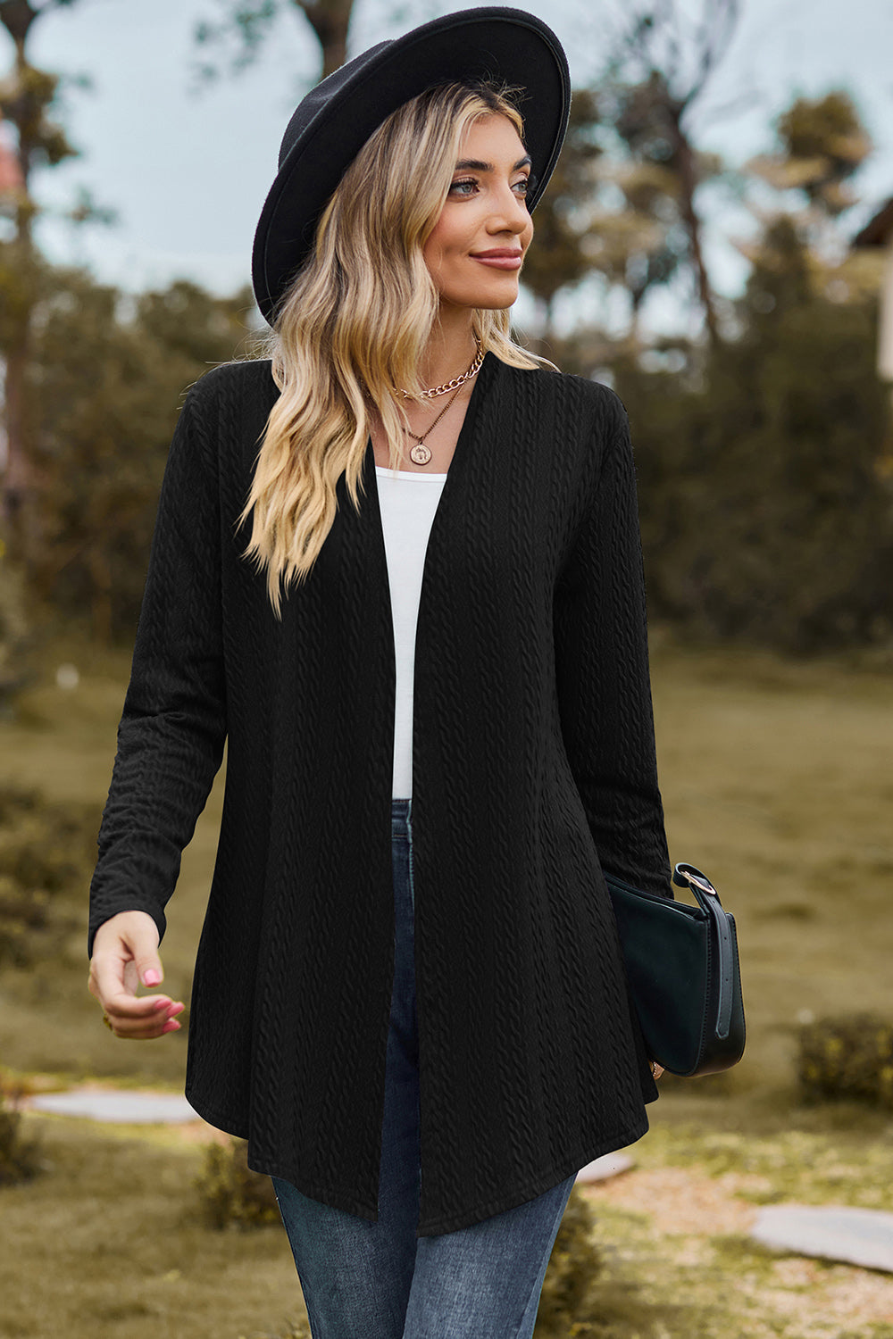 Textured Open Front Long Sleeve Cardigan-Angel Casuals