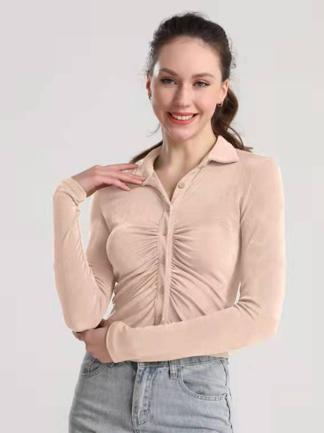 Ruched Button Up Long Sleeve T-Shirt-Angel Casuals