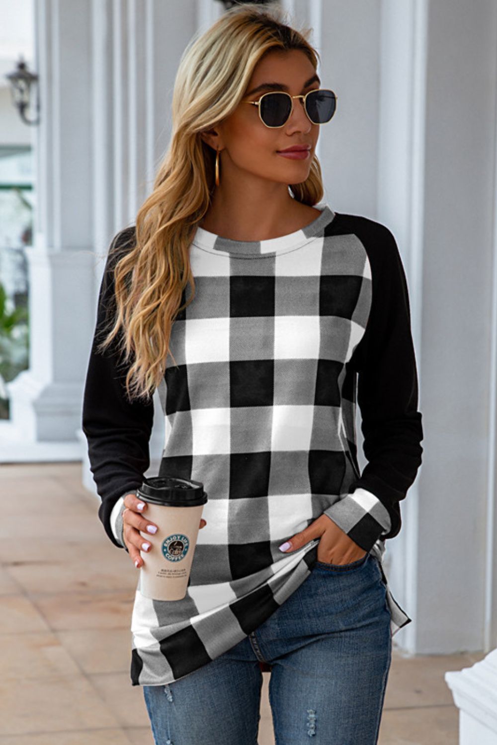Plaid Round Neck Long Sleeve T-Shirt-Angel Casuals