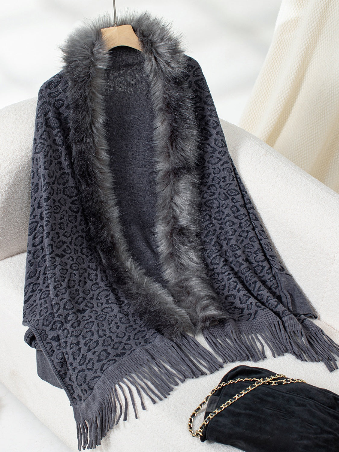 Fringe Leopard Open Front Long Sleeve Poncho-Angel Casuals