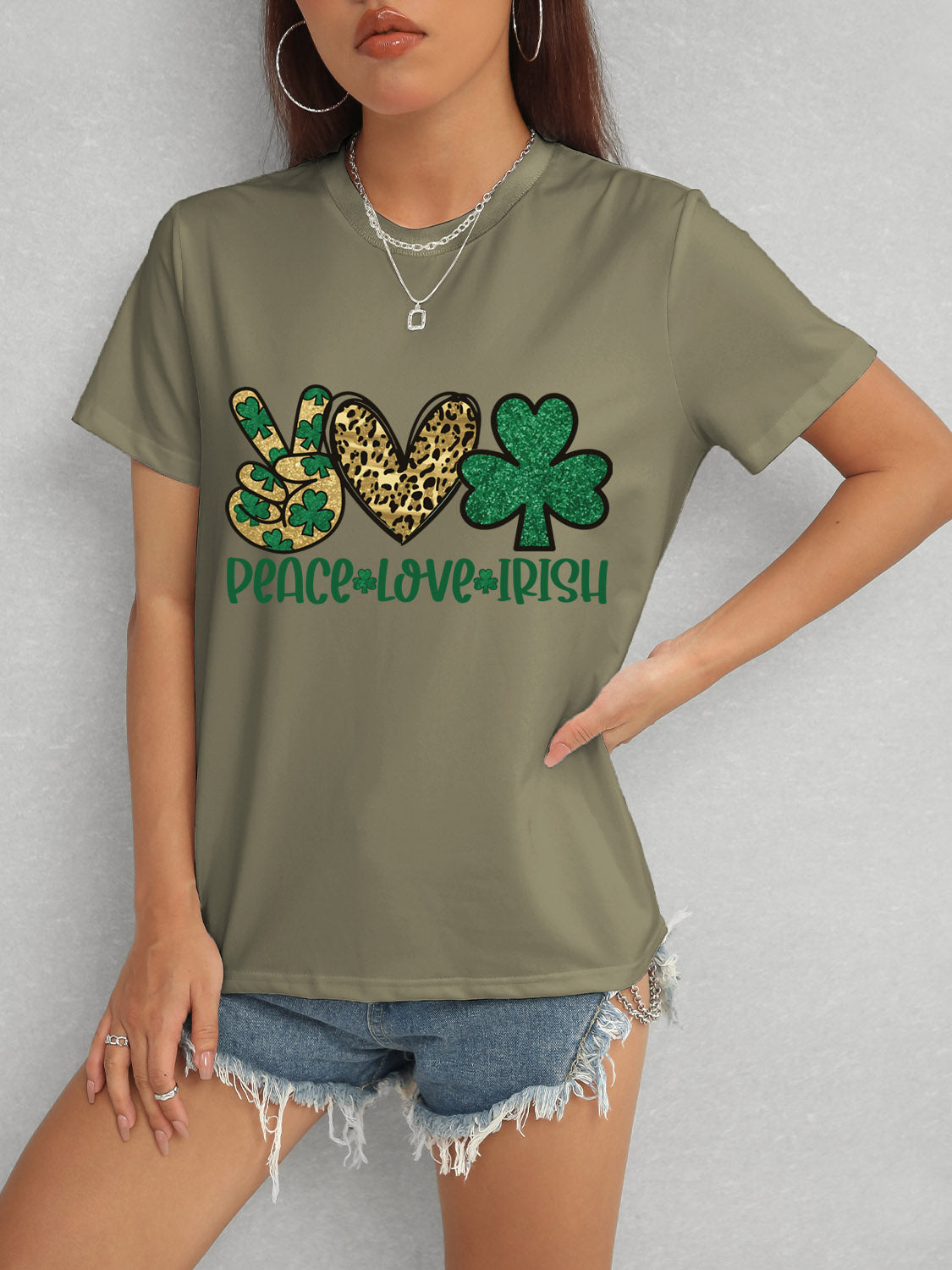 PEACE LOVE IRISH Round Neck Short Sleeve T-Shirt-Angel Casuals