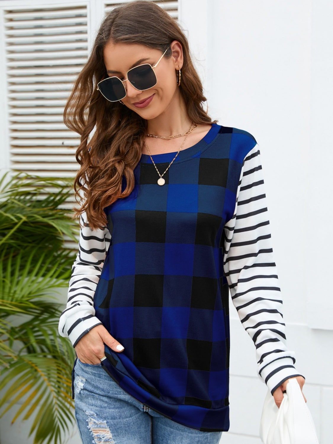 Plaid Striped Round Neck Long Sleeve T-Shirt-Angel Casuals