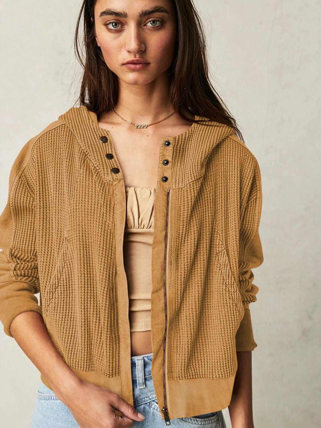 Waffle-Knit Dropped Shoulder Hooded Jacket-Angel Casuals