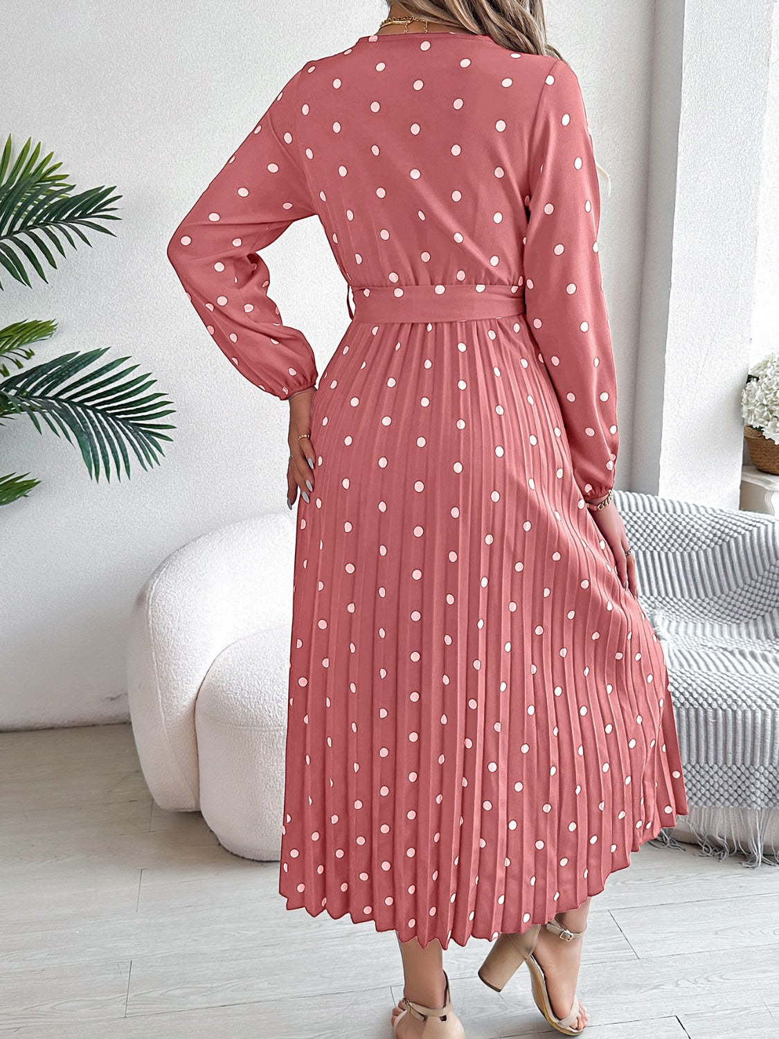 Tied Polka Dot Long Sleeve Midi Dress-Angel Casuals